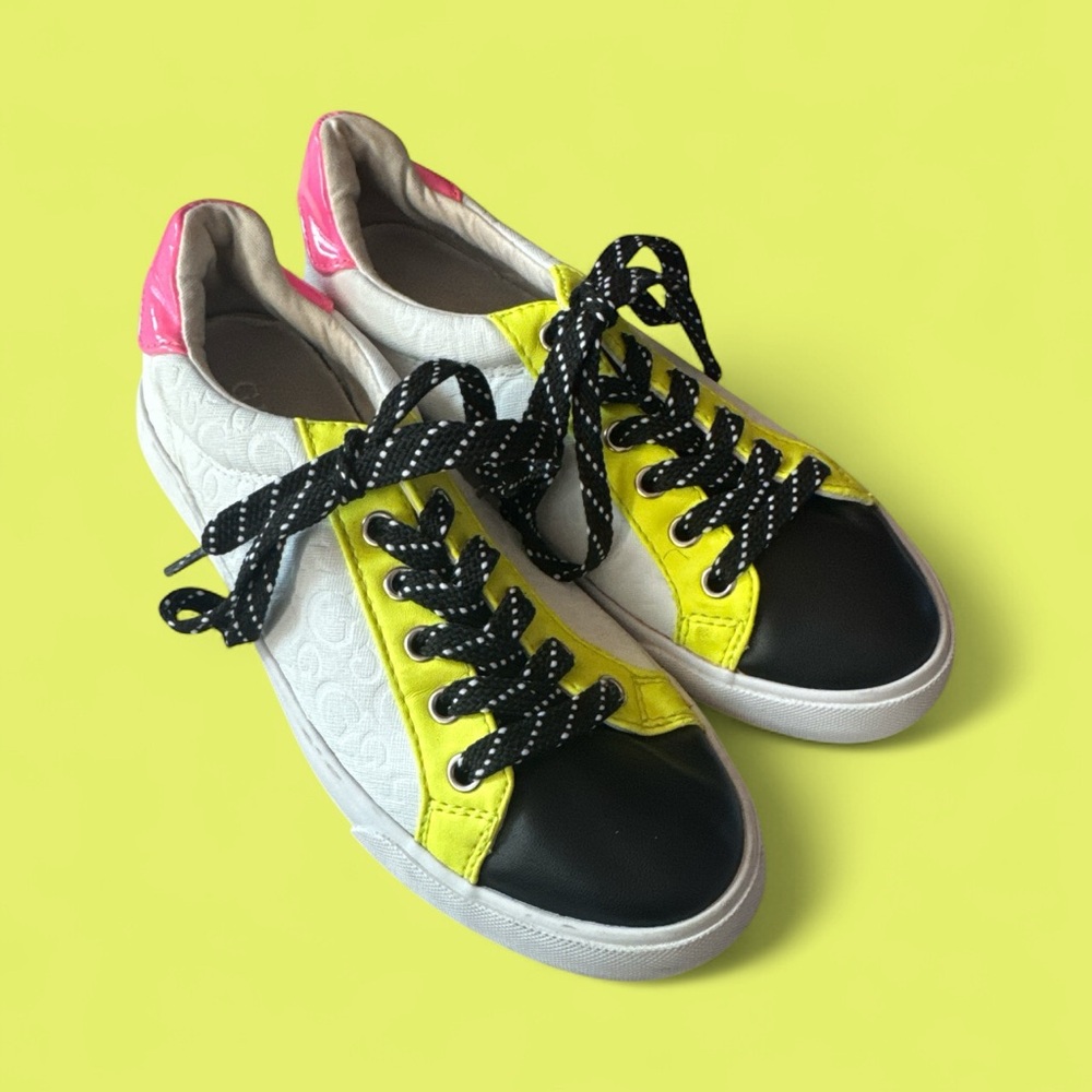 Guess Womens Size 7.5 Neon Colorful Sneakers Monograph Casual Shoes Pink Yellow